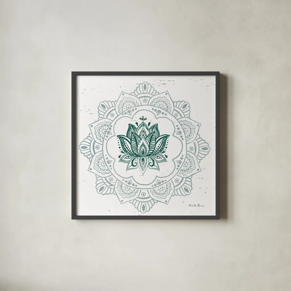 Mandala I by Farida Zaman. Shown in a sleek black glass frame for a contemporary gallery look. Available as an archival giclee rolled canvas, fine art paper, or poster print. SKU 91102a.