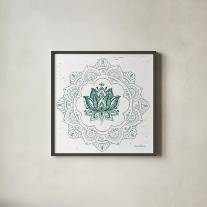Mandala I by Farida Zaman. Shown in a sleek black glass frame for a contemporary gallery look. Available as an archival giclee rolled canvas, fine art paper, or poster print. SKU 91102a.
