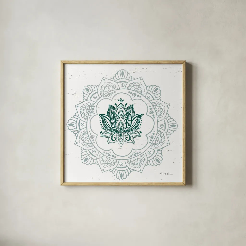 Mandala I by Farida Zaman. Shown in a natural wood glass frame for a timeless modern aesthetic. Available as an archival giclee rolled canvas, fine art paper, or poster print. SKU 91102a.