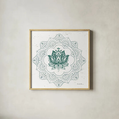 Mandala I by Farida Zaman. Shown in a natural wood glass frame for a timeless modern aesthetic. Available as an archival giclee rolled canvas, fine art paper, or poster print. SKU 91102a.