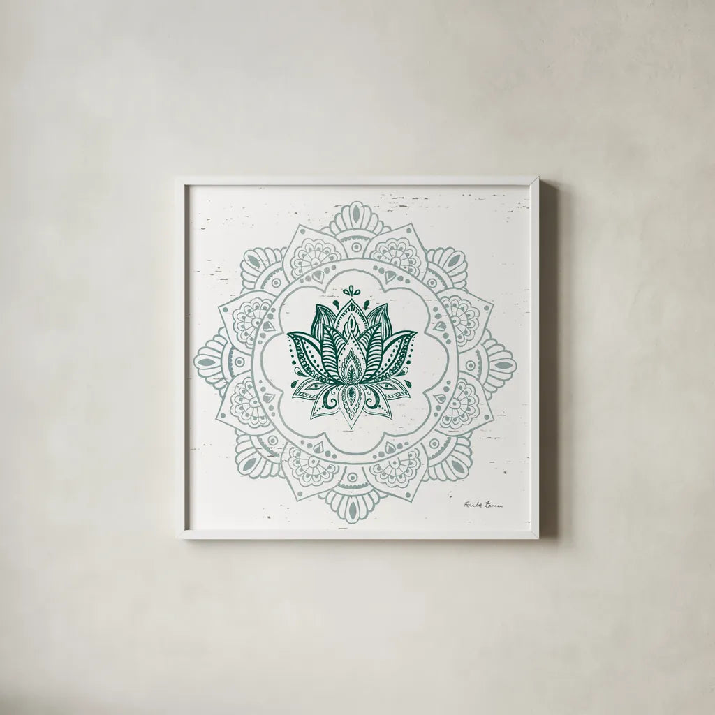 Mandala I by Farida Zaman. Shown in a crisp white glass frame for a clean and minimalist style. Available as an archival giclee rolled canvas, fine art paper, or poster print. SKU 91102a.