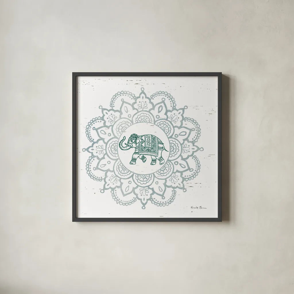 Mandala II by Farida Zaman. Shown in a sleek black glass frame for a contemporary gallery look. Available as an archival giclee rolled canvas, fine art paper, or poster print. SKU 91103a.