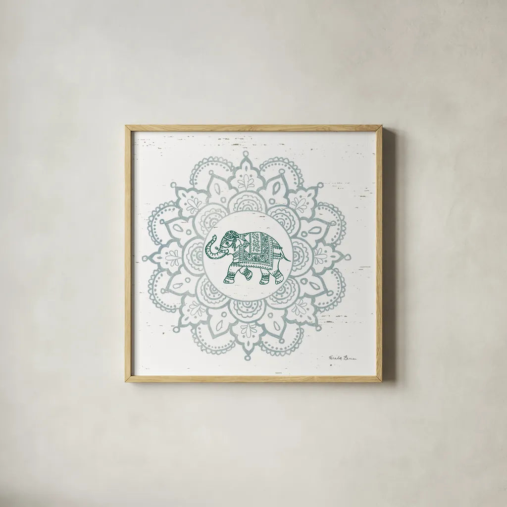 Mandala II by Farida Zaman. Shown in a natural wood glass frame for a timeless modern aesthetic. Available as an archival giclee rolled canvas, fine art paper, or poster print. SKU 91103a.