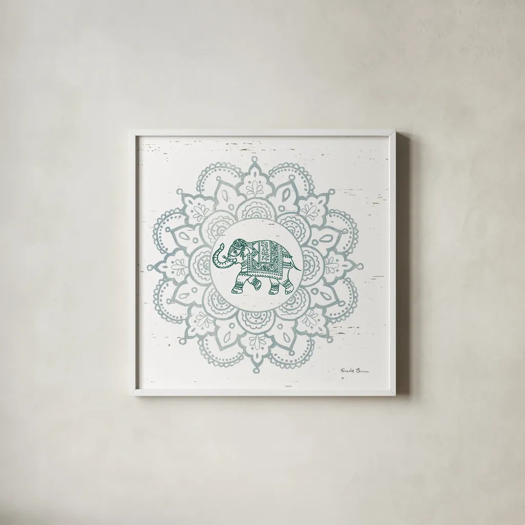 Mandala II by Farida Zaman. Shown in a crisp white glass frame for a clean and minimalist style. Available as an archival giclee rolled canvas, fine art paper, or poster print. SKU 91103a.