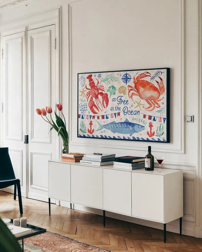 Maritime Delight I by Farida Zaman. shown as a framed stretched canvas in a living room above a console. Available as a archival giclee rolled canvas, fine art paper, or poster print. SKU 58683i.