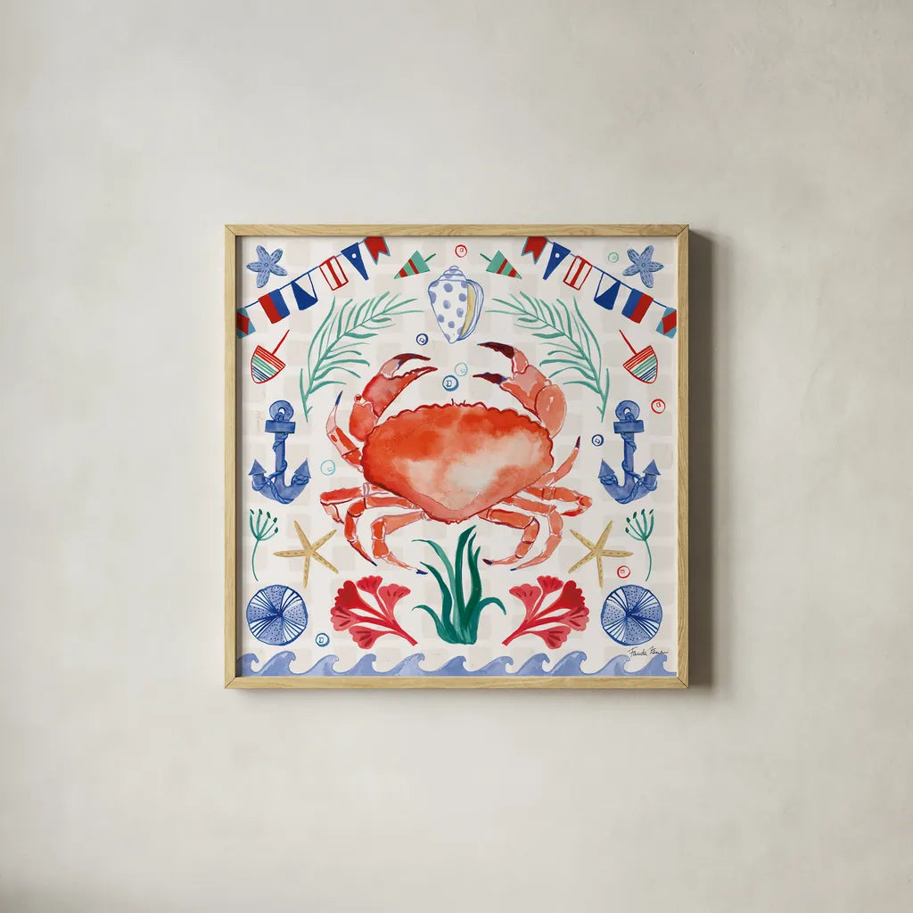 Maritime Delight II by Farida Zaman. Shown in a natural wood glass frame for a timeless modern aesthetic. Available as an archival giclee rolled canvas, fine art paper, or poster print. SKU 58684a.