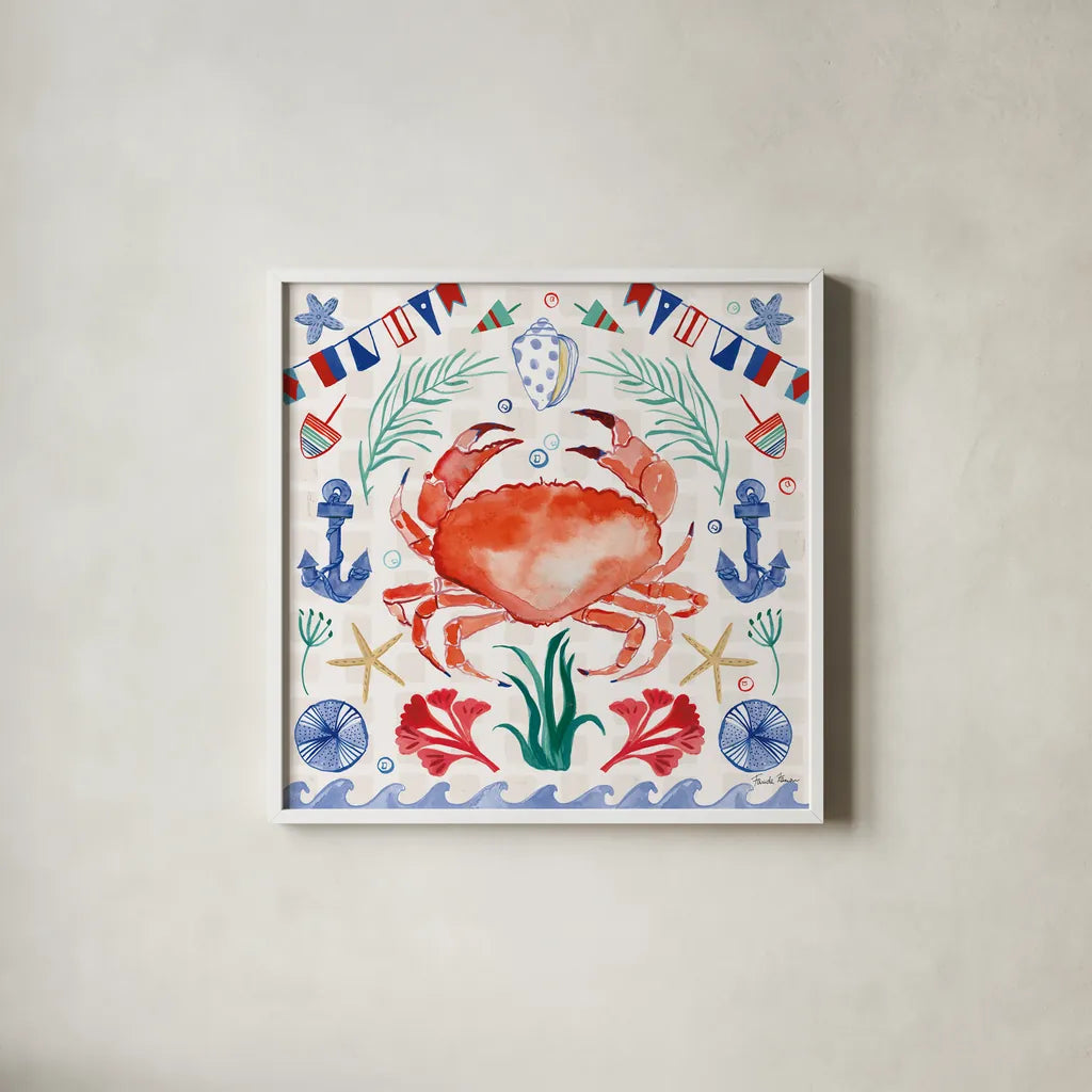 Maritime Delight II by Farida Zaman. Shown in a crisp white glass frame for a clean and minimalist style. Available as an archival giclee rolled canvas, fine art paper, or poster print. SKU 58684a.