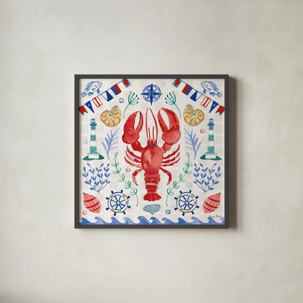 Maritime Delight III by Farida Zaman. Shown in a sleek black glass frame for a contemporary gallery look. Available as an archival giclee rolled canvas, fine art paper, or poster print. SKU 58685a.