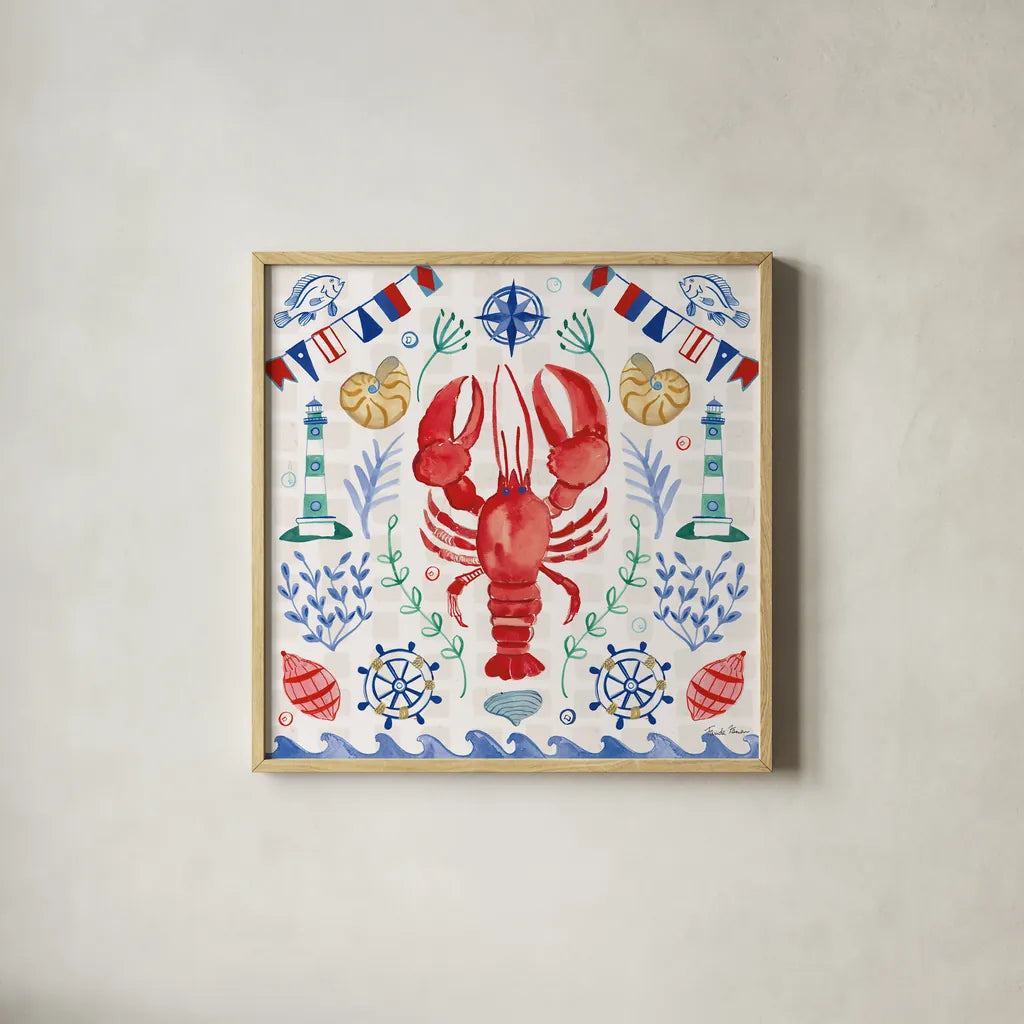 Maritime Delight III by Farida Zaman. Shown in a natural wood glass frame for a timeless modern aesthetic. Available as an archival giclee rolled canvas, fine art paper, or poster print. SKU 58685a.