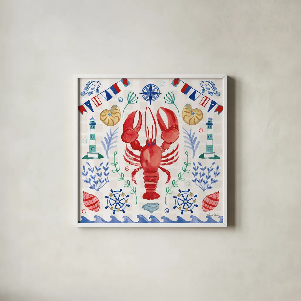 Maritime Delight III by Farida Zaman. Shown in a crisp white glass frame for a clean and minimalist style. Available as an archival giclee rolled canvas, fine art paper, or poster print. SKU 58685a.