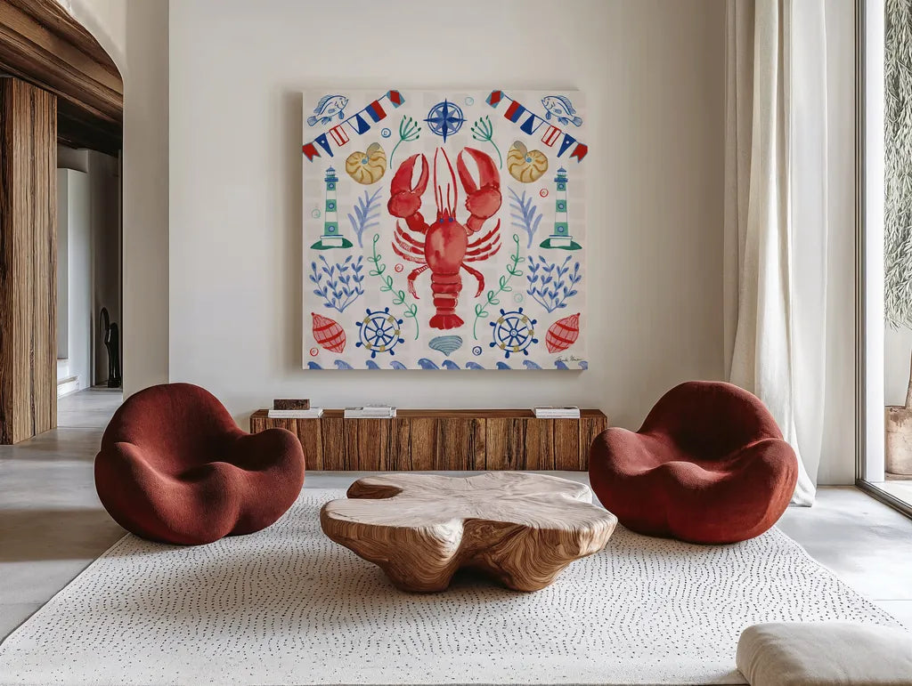 Maritime Delight III by Farida Zaman. Shown as extra-large giant wall art in a modern living room. Available as an archival giclee rolled canvas, fine art paper, or poster print. SKU 58685a.
