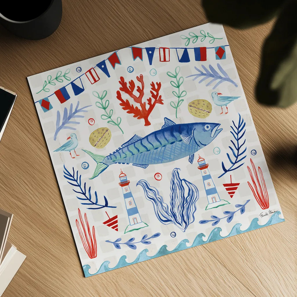 Maritime Delight IV by Farida Zaman. Shown as a detailed flat fine art print, highlighting archival giclee quality. Available as an archival giclee rolled canvas, fine art paper, or poster print. SKU 58686a.