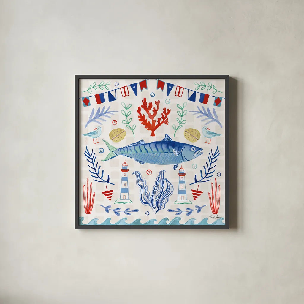 Maritime Delight IV by Farida Zaman. Shown in a sleek black glass frame for a contemporary gallery look. Available as an archival giclee rolled canvas, fine art paper, or poster print. SKU 58686a.