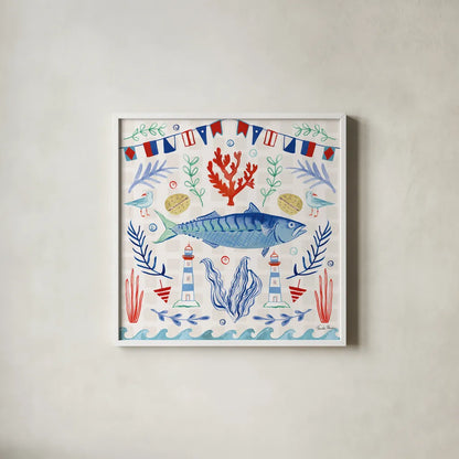 Maritime Delight IV by Farida Zaman. Shown in a crisp white glass frame for a clean and minimalist style. Available as an archival giclee rolled canvas, fine art paper, or poster print. SKU 58686a.