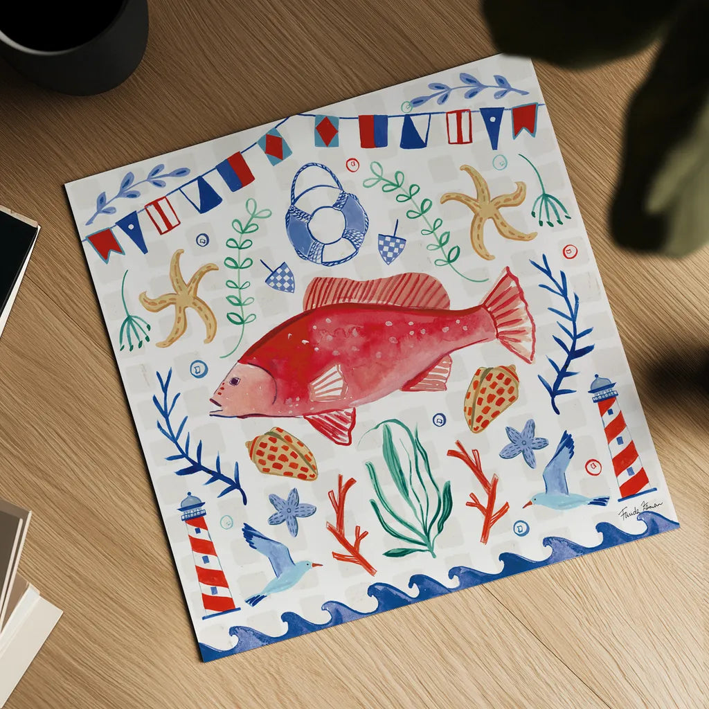 Maritime Delight V by Farida Zaman. Shown as a detailed flat fine art print, highlighting archival giclee quality. Available as an archival giclee rolled canvas, fine art paper, or poster print. SKU 58687a.