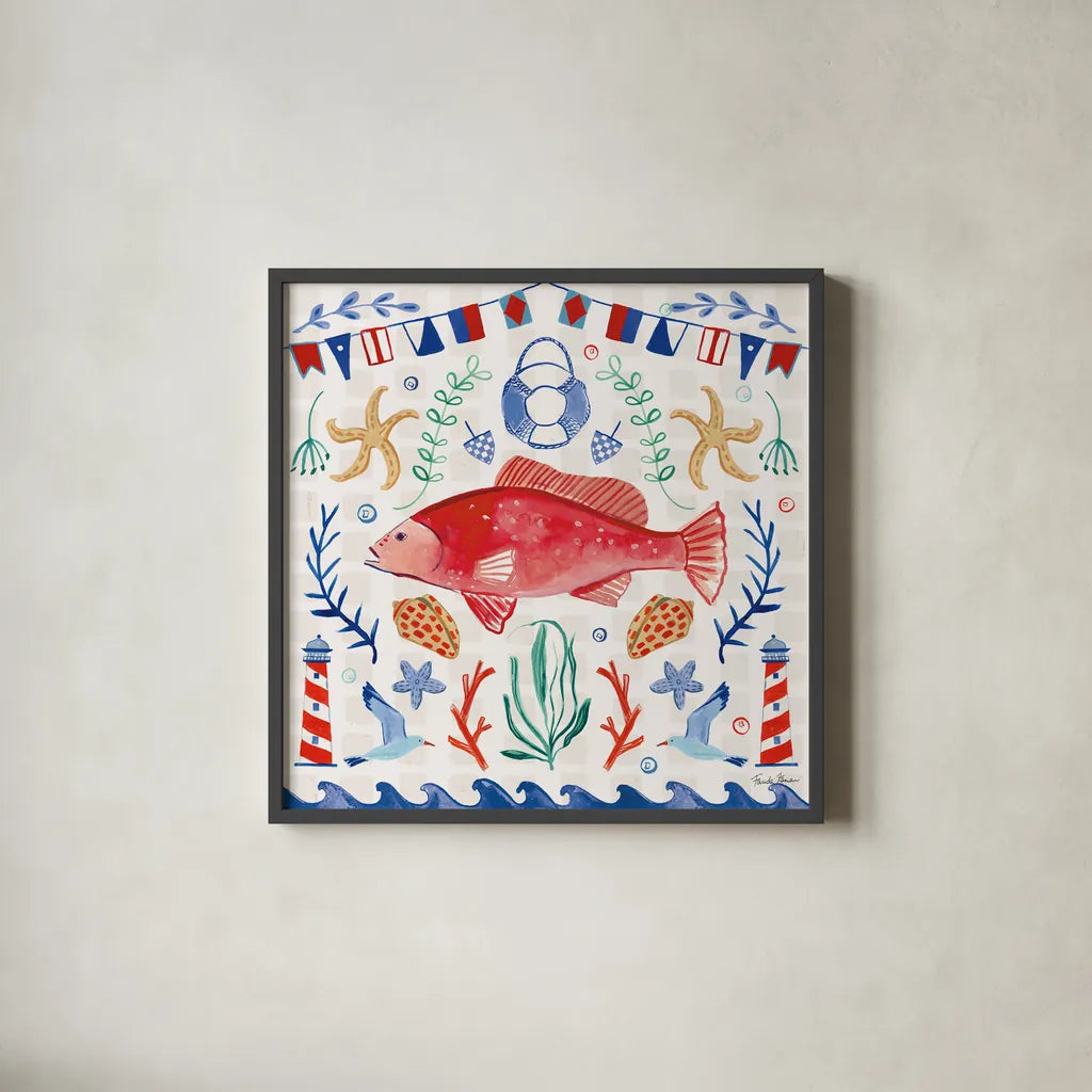 Maritime Delight V by Farida Zaman. Shown in a sleek black glass frame for a contemporary gallery look. Available as an archival giclee rolled canvas, fine art paper, or poster print. SKU 58687a.