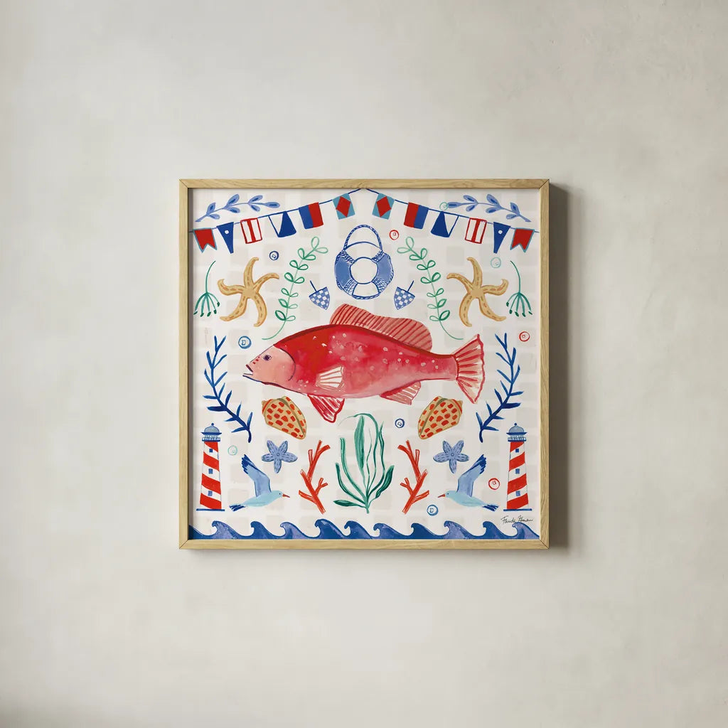 Maritime Delight V by Farida Zaman. Shown in a natural wood glass frame for a timeless modern aesthetic. Available as an archival giclee rolled canvas, fine art paper, or poster print. SKU 58687a.