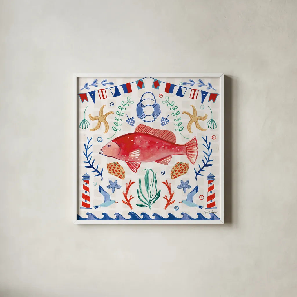 Maritime Delight V by Farida Zaman. Shown in a crisp white glass frame for a clean and minimalist style. Available as an archival giclee rolled canvas, fine art paper, or poster print. SKU 58687a.