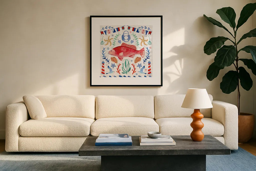 Maritime Delight V by Farida Zaman. Displayed in a glass frame with matte in a clean modern living room. Available as an archival giclee rolled canvas, fine art paper, or poster print. SKU 58687a.