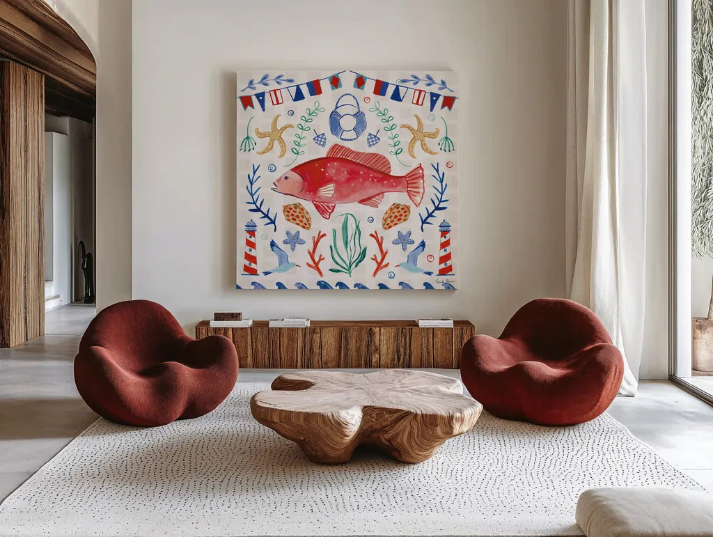 Maritime Delight V by Farida Zaman. Shown as extra-large giant wall art in a modern living room. Available as an archival giclee rolled canvas, fine art paper, or poster print. SKU 58687a.