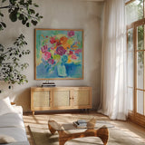Matisse Florals by Farida Zaman. Shown in a natural wood frame in a cozy modern living room. Available as an archival giclee rolled canvas, fine art paper, or poster print. SKU 32164a.