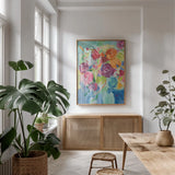 Matisse Florals Pastel Crop by Farida Zaman. shown as a print in a natural wood frame in a dining room. Available as a archival giclee rolled canvas, fine art paper, or poster print. SKU 33504h.