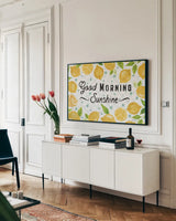 Mellow Yellow I by Farida Zaman. shown as a framed stretched canvas in a living room above a console. Available as a archival giclee rolled canvas, fine art paper, or poster print. SKU 45901i.