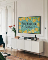Mellow Yellow I Turquoise by Farida Zaman. shown as a framed stretched canvas in a living room above a console. Available as a archival giclee rolled canvas, fine art paper, or poster print. SKU 45906i.