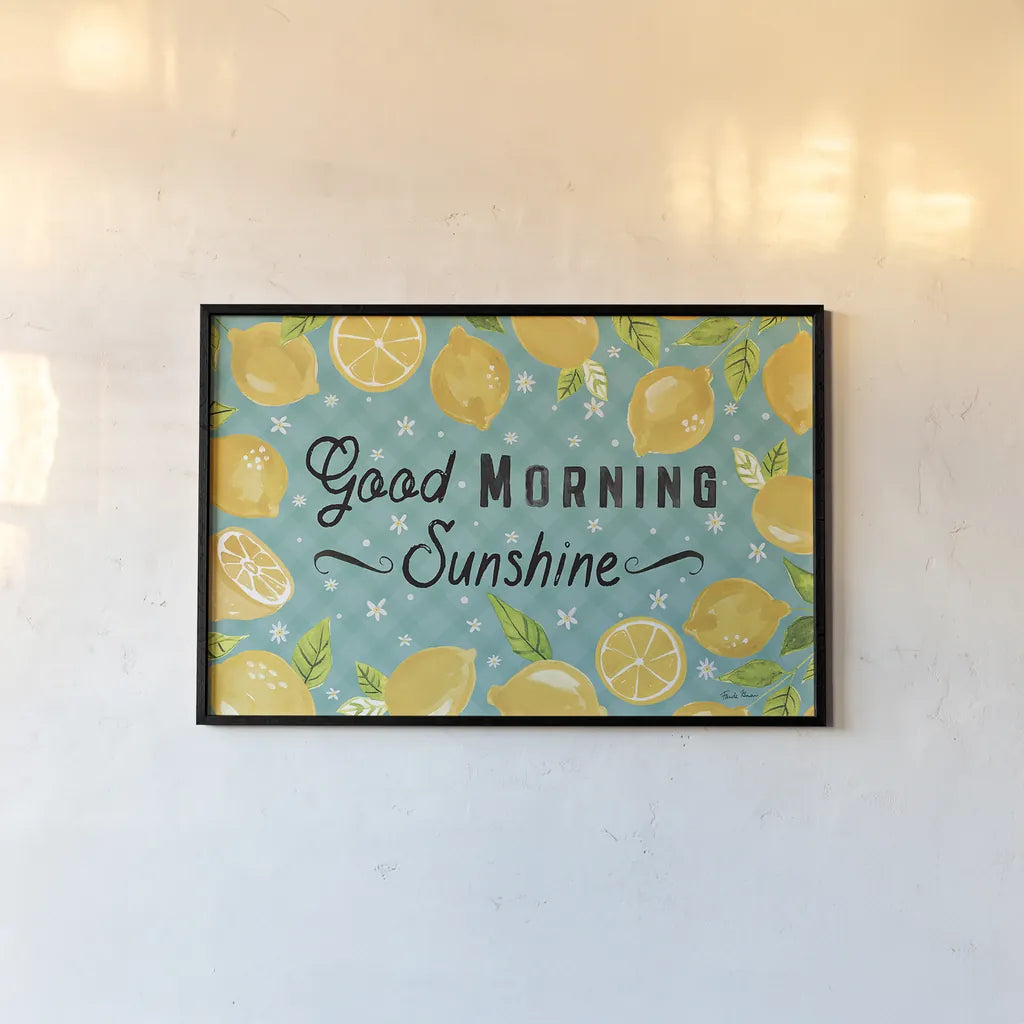 Mellow Yellow I Turquoise by Farida Zaman. shown as a paper print in a black flame. Available as a archival giclee rolled canvas, fine art paper, or poster print. SKU 45906i.