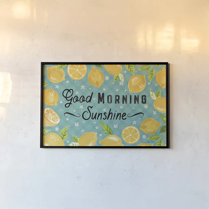 Mellow Yellow I Turquoise by Farida Zaman. shown as a paper print in a black flame. Available as a archival giclee rolled canvas, fine art paper, or poster print. SKU 45906i.