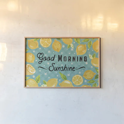 Mellow Yellow I Turquoise by Farida Zaman. shown as a paper print in a natural frame. Available as a archival giclee rolled canvas, fine art paper, or poster print. SKU 45906i.