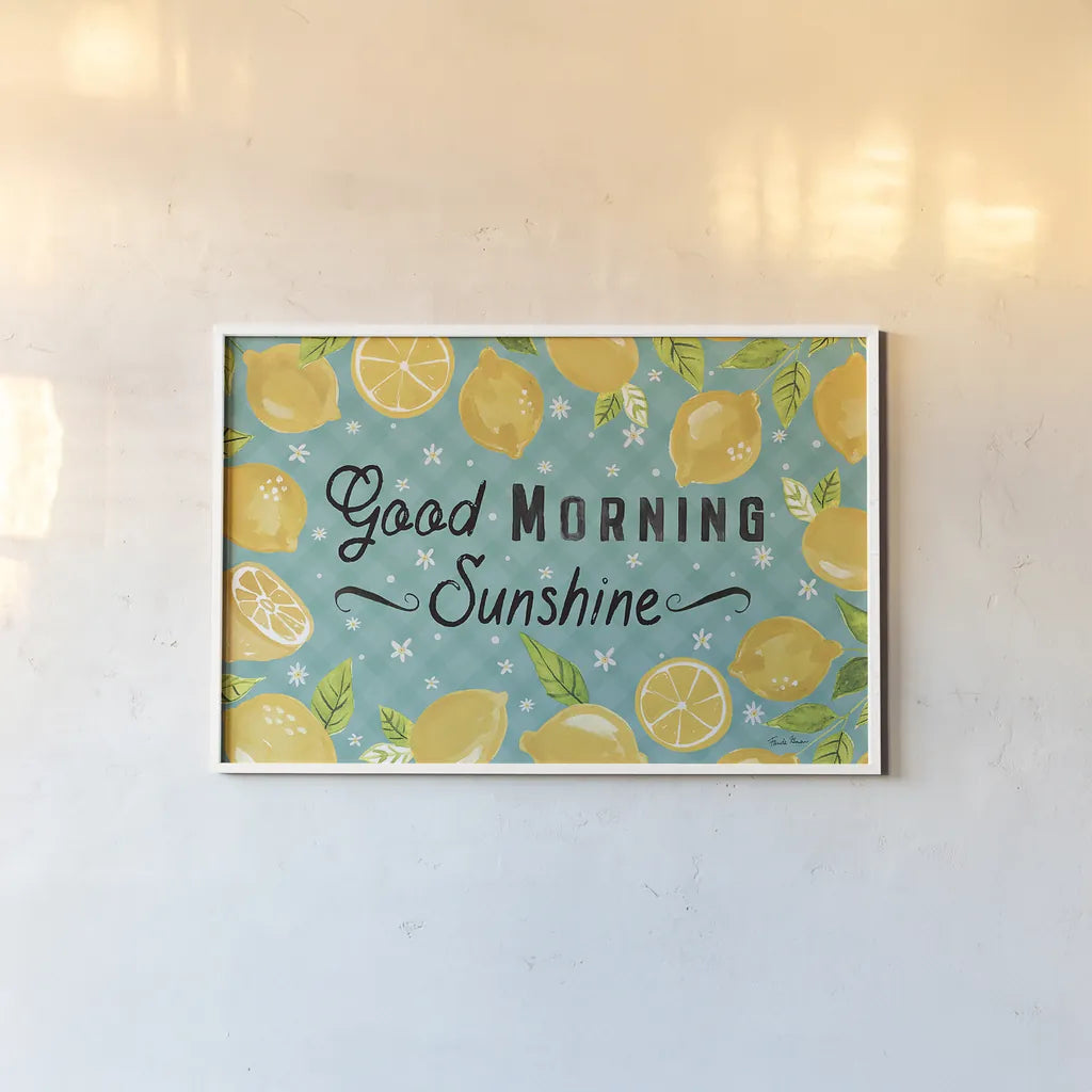 Mellow Yellow I Turquoise by Farida Zaman. shown as a paper print in a white frame. Available as a archival giclee rolled canvas, fine art paper, or poster print. SKU 45906i.