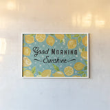 Mellow Yellow I Turquoise by Farida Zaman. shown as a paper print in a white frame. Available as a archival giclee rolled canvas, fine art paper, or poster print. SKU 45906i.
