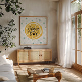 Mellow Yellow II by Farida Zaman. Shown in a natural wood frame in a cozy modern living room. Available as an archival giclee rolled canvas, fine art paper, or poster print. SKU 45902a.