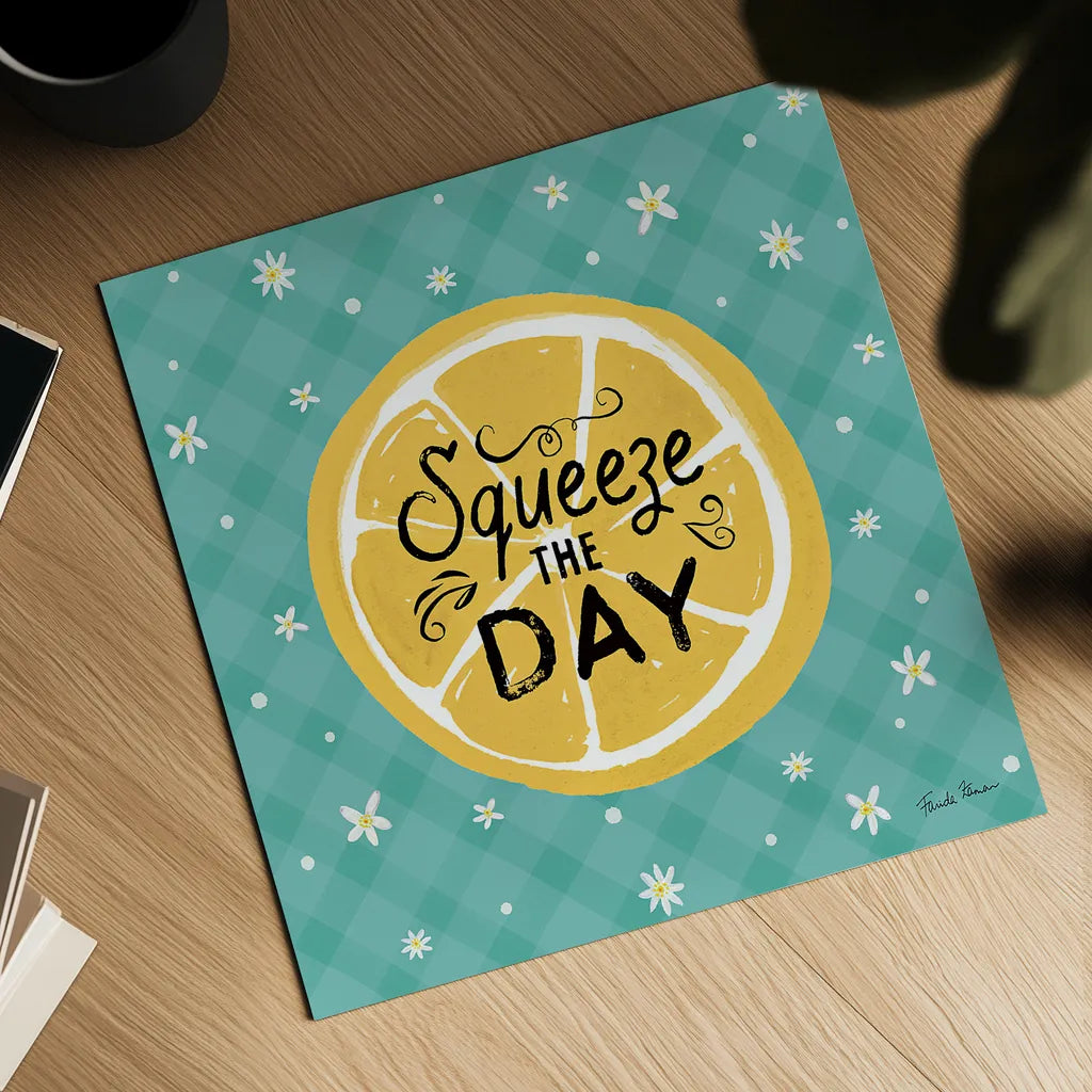 Mellow Yellow II Turquoise by Farida Zaman. Shown as a detailed flat fine art print, highlighting archival giclee quality. Available as an archival giclee rolled canvas, fine art paper, or poster print. SKU 45907a.