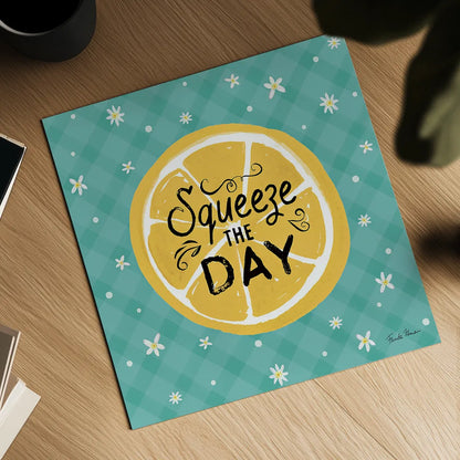 Mellow Yellow II Turquoise by Farida Zaman. Shown as a detailed flat fine art print, highlighting archival giclee quality. Available as an archival giclee rolled canvas, fine art paper, or poster print. SKU 45907a.