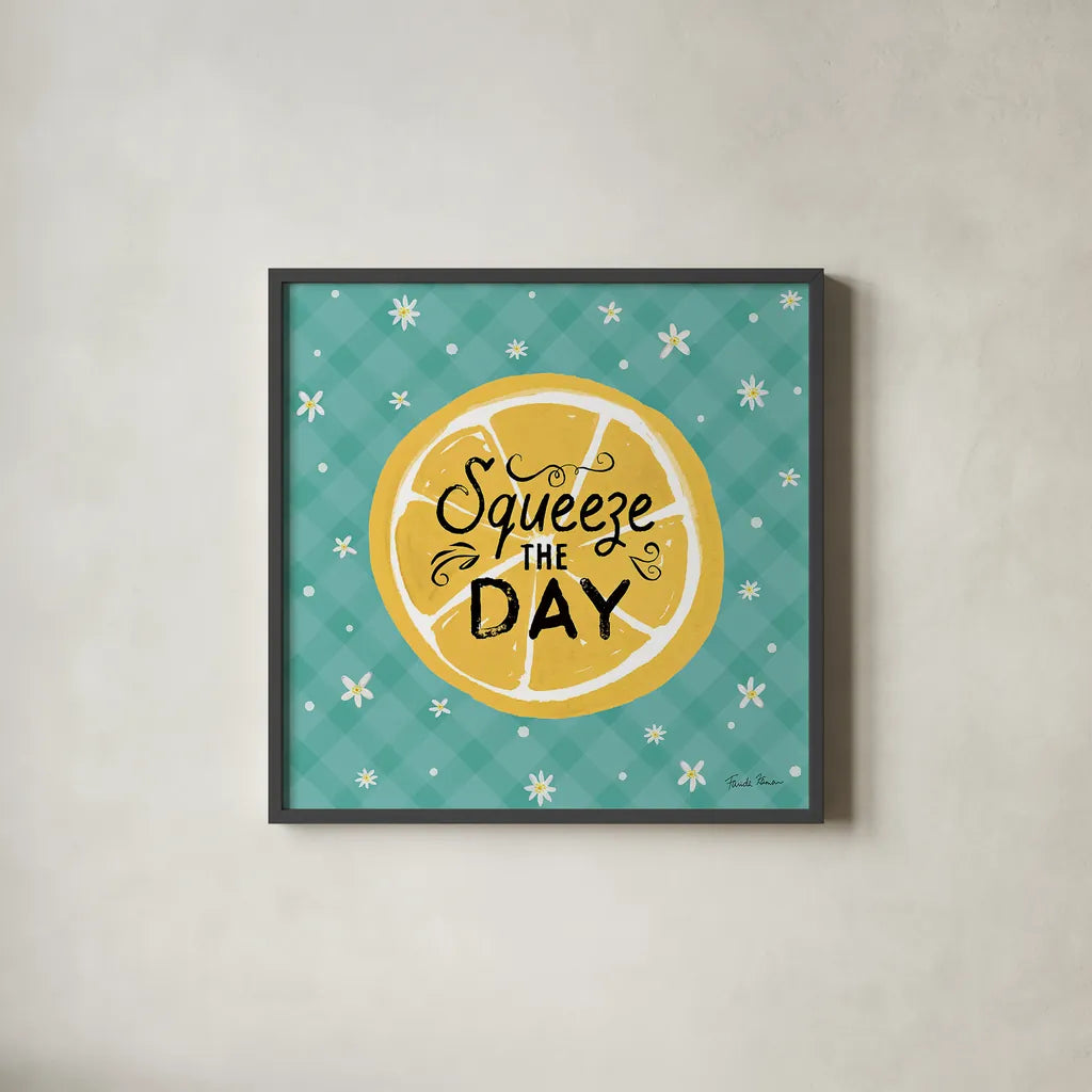 Mellow Yellow II Turquoise by Farida Zaman. Shown in a sleek black glass frame for a contemporary gallery look. Available as an archival giclee rolled canvas, fine art paper, or poster print. SKU 45907a.