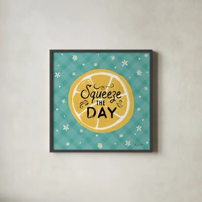 Mellow Yellow II Turquoise by Farida Zaman. Shown in a sleek black glass frame for a contemporary gallery look. Available as an archival giclee rolled canvas, fine art paper, or poster print. SKU 45907a.