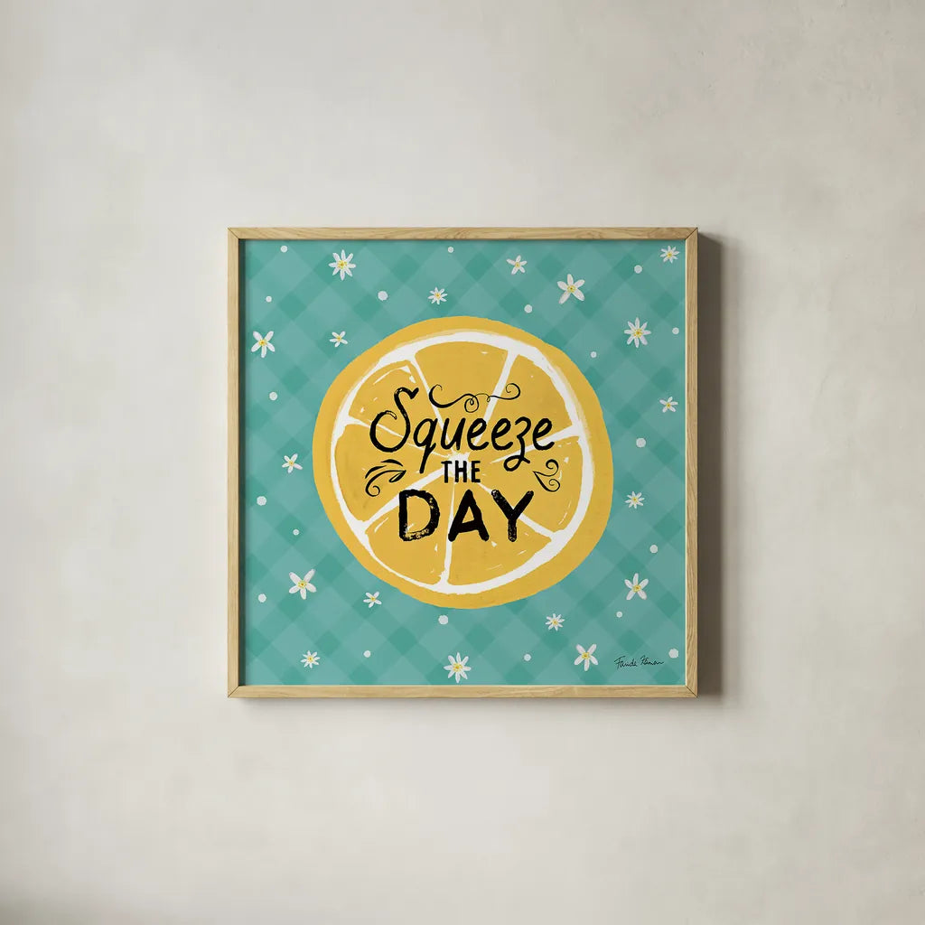 Mellow Yellow II Turquoise by Farida Zaman. Shown in a natural wood glass frame for a timeless modern aesthetic. Available as an archival giclee rolled canvas, fine art paper, or poster print. SKU 45907a.