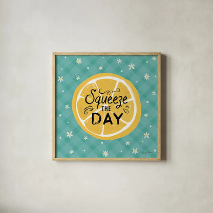 Mellow Yellow II Turquoise by Farida Zaman. Shown in a natural wood glass frame for a timeless modern aesthetic. Available as an archival giclee rolled canvas, fine art paper, or poster print. SKU 45907a.