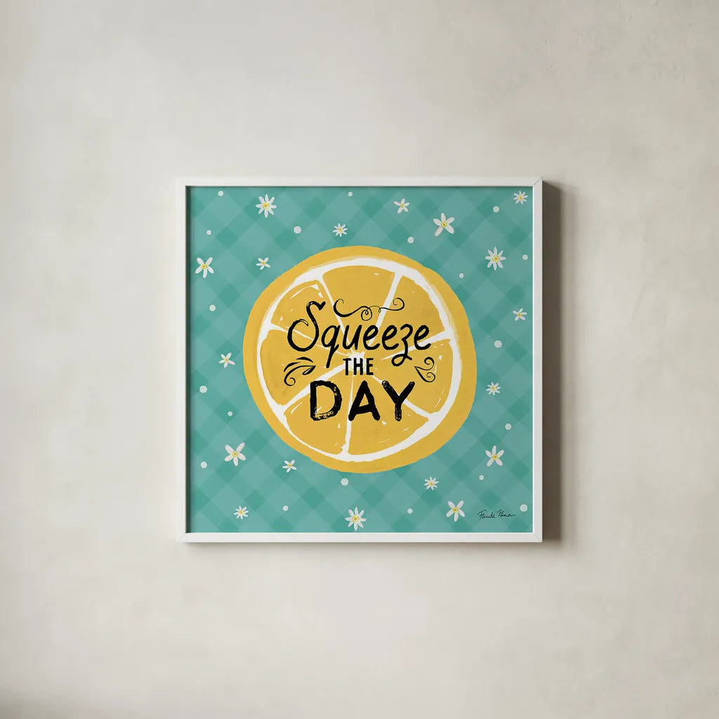 Mellow Yellow II Turquoise by Farida Zaman. Shown in a crisp white glass frame for a clean and minimalist style. Available as an archival giclee rolled canvas, fine art paper, or poster print. SKU 45907a.