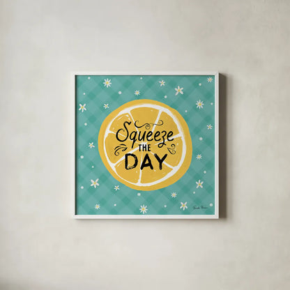 Mellow Yellow II Turquoise by Farida Zaman. Shown in a crisp white glass frame for a clean and minimalist style. Available as an archival giclee rolled canvas, fine art paper, or poster print. SKU 45907a.