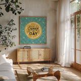 Mellow Yellow II Turquoise by Farida Zaman. Shown in a natural wood frame in a cozy modern living room. Available as an archival giclee rolled canvas, fine art paper, or poster print. SKU 45907a.