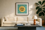 Mellow Yellow II Turquoise by Farida Zaman. Displayed in a glass frame with matte in a clean modern living room. Available as an archival giclee rolled canvas, fine art paper, or poster print. SKU 45907a.