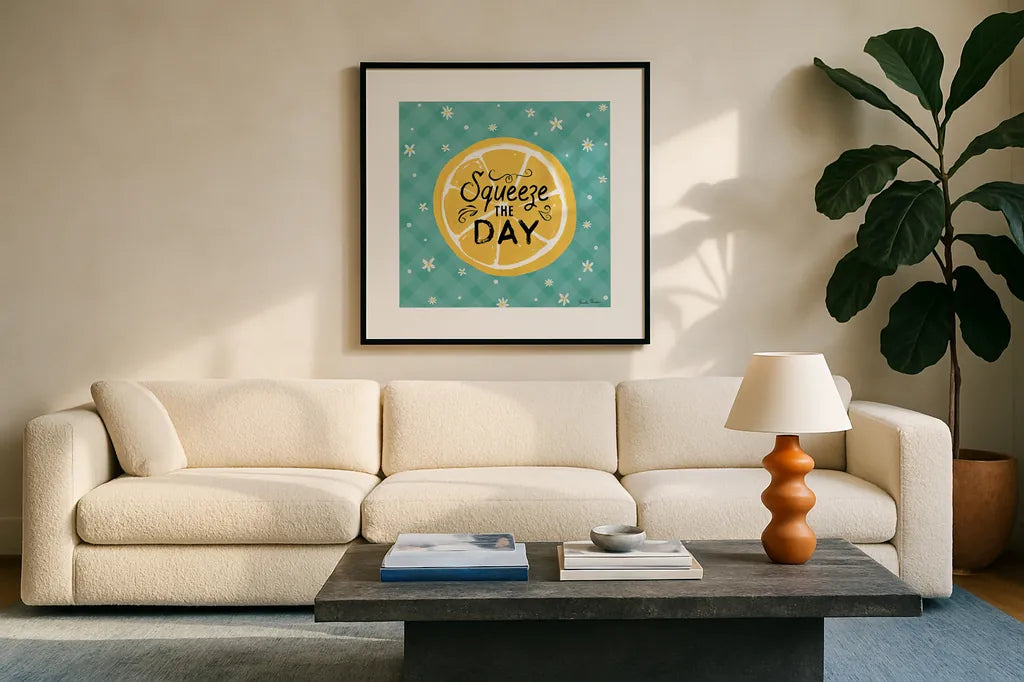 Mellow Yellow II Turquoise by Farida Zaman. Displayed in a glass frame with matte in a clean modern living room. Available as an archival giclee rolled canvas, fine art paper, or poster print. SKU 45907a.
