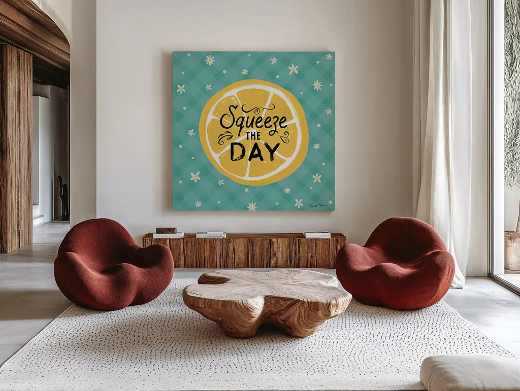 Mellow Yellow II Turquoise by Farida Zaman. Shown as extra-large giant wall art in a modern living room. Available as an archival giclee rolled canvas, fine art paper, or poster print. SKU 45907a.