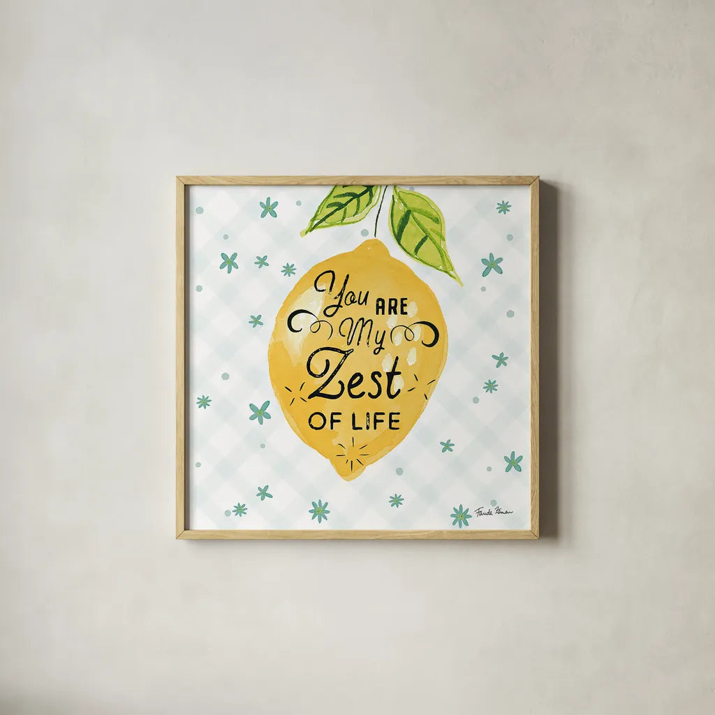 Mellow Yellow III by Farida Zaman. Shown in a natural wood glass frame for a timeless modern aesthetic. Available as an archival giclee rolled canvas, fine art paper, or poster print. SKU 45903a.