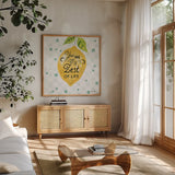 Mellow Yellow III by Farida Zaman. Shown in a natural wood frame in a cozy modern living room. Available as an archival giclee rolled canvas, fine art paper, or poster print. SKU 45903a.