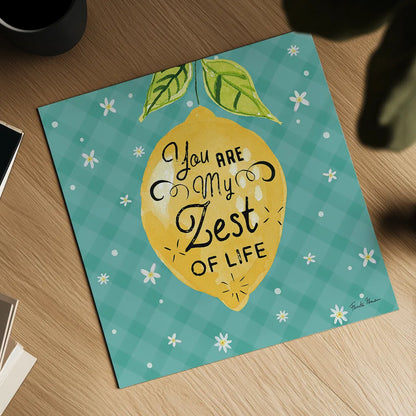 Mellow Yellow III Turquoise by Farida Zaman. Shown as a detailed flat fine art print, highlighting archival giclee quality. Available as an archival giclee rolled canvas, fine art paper, or poster print. SKU 45908a.