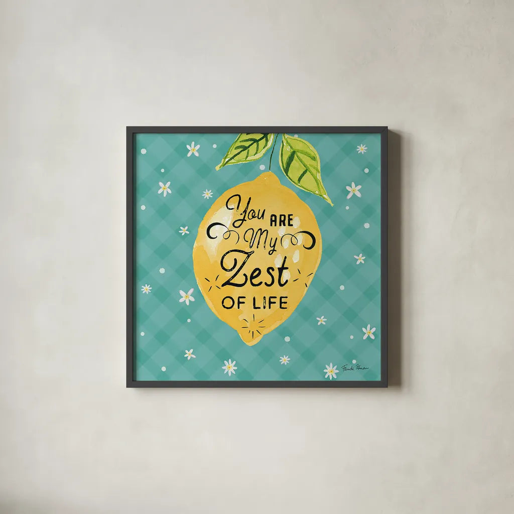 Mellow Yellow III Turquoise by Farida Zaman. Shown in a sleek black glass frame for a contemporary gallery look. Available as an archival giclee rolled canvas, fine art paper, or poster print. SKU 45908a.